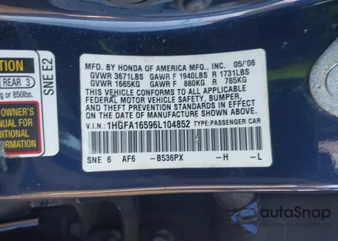 2006 Honda Civic Lx из США, поврежденный, VIN 1HGFA16596L104852